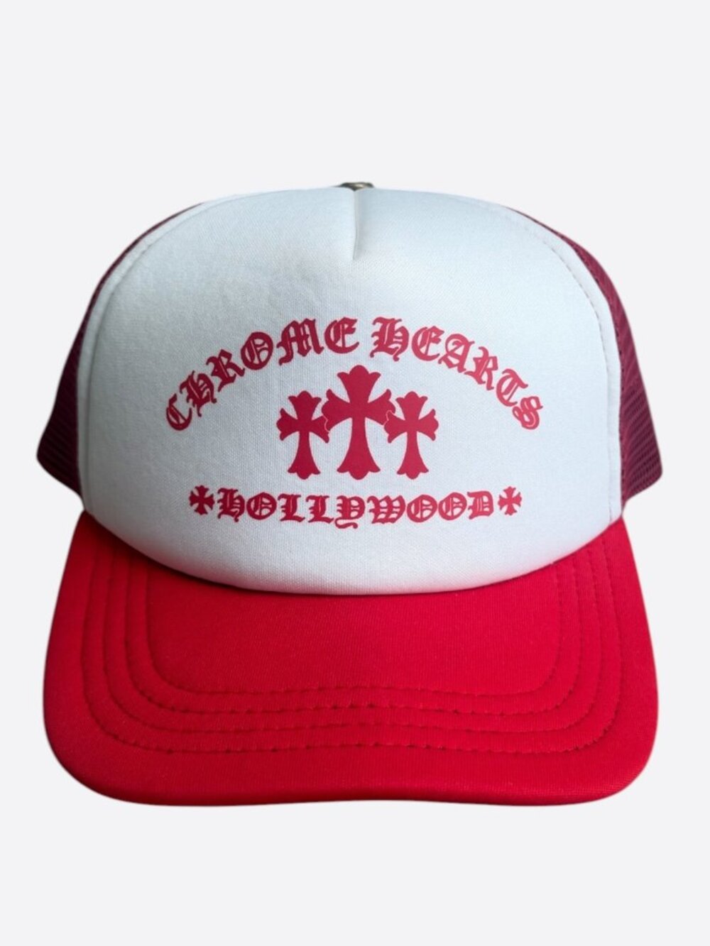 Chrome Hearts Red & White Triple Cross Trucker Hat